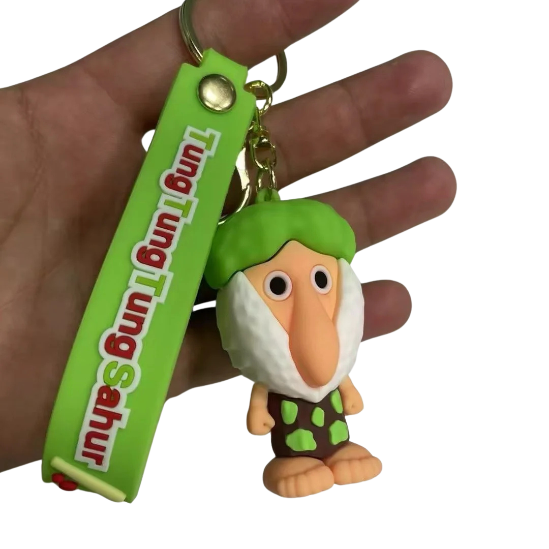 Keychain with a character and green tag held in a hand against a white background