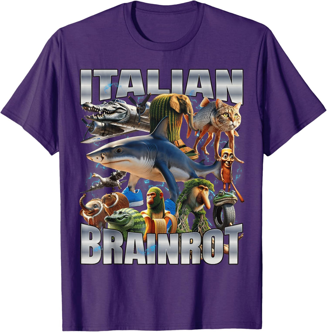 Purple round neck shirt showing Italian Brainrot toy pack