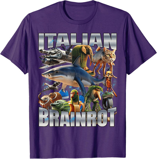 Purple round neck shirt showing Italian Brainrot toy pack