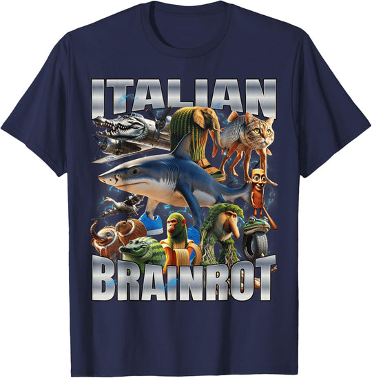 BLue round neck shirt showing Italian Brainrot toy pack