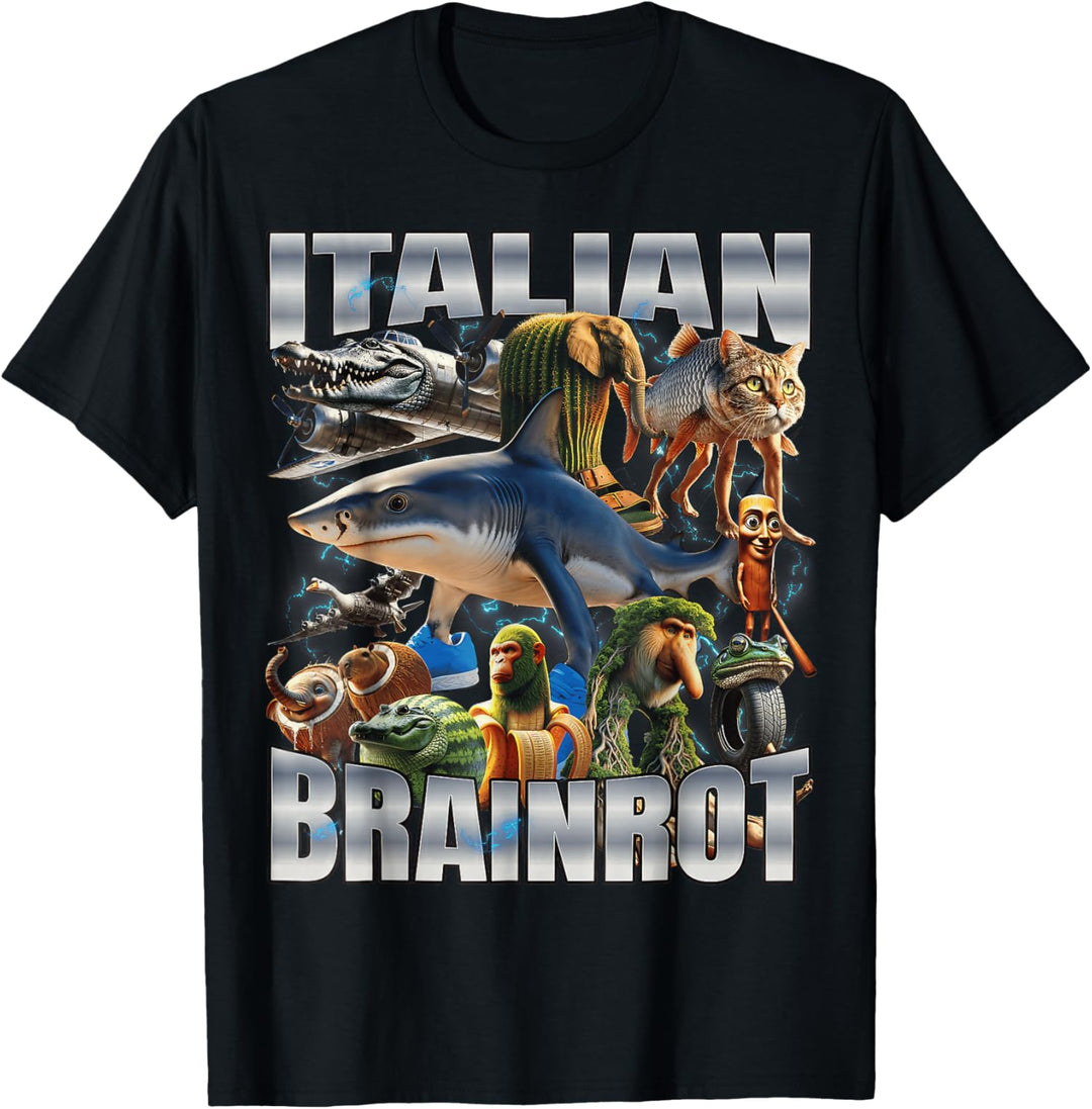 Black round neck shirt showing Italian Brainrot toy pack from another 