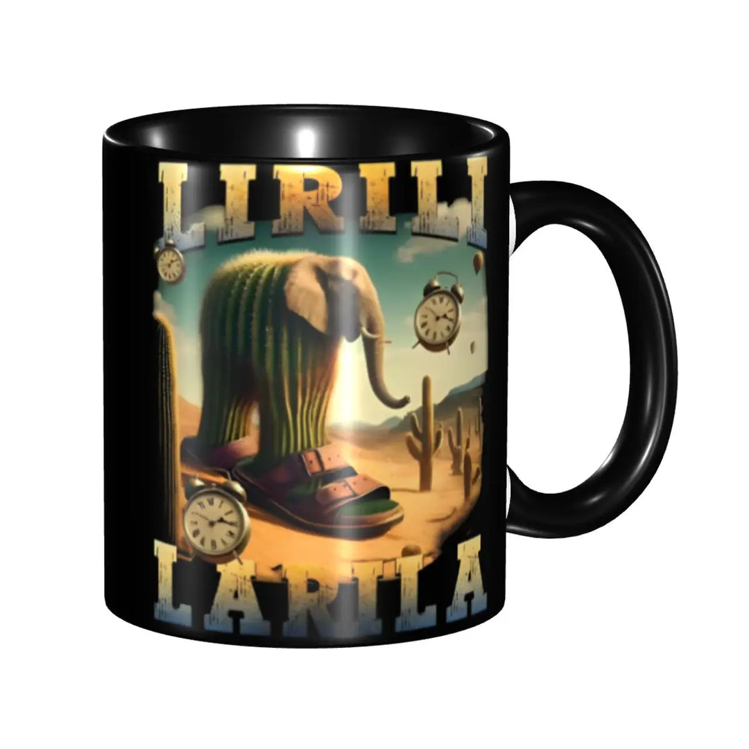 Black mug featuring a bold graphic of an Elephant in brown sandals across a barren desert with the text 'LIRILI LARILA' in stylized lettering.