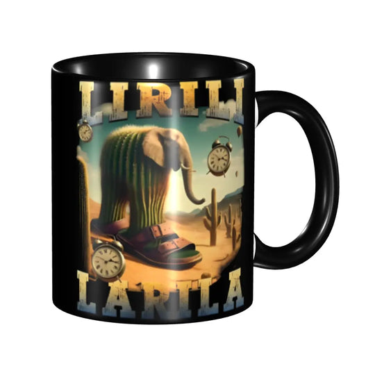 Black mug featuring a bold graphic of an Elephant in brown sandals across a barren desert with the text 'LIRILI LARILA' in stylized lettering.