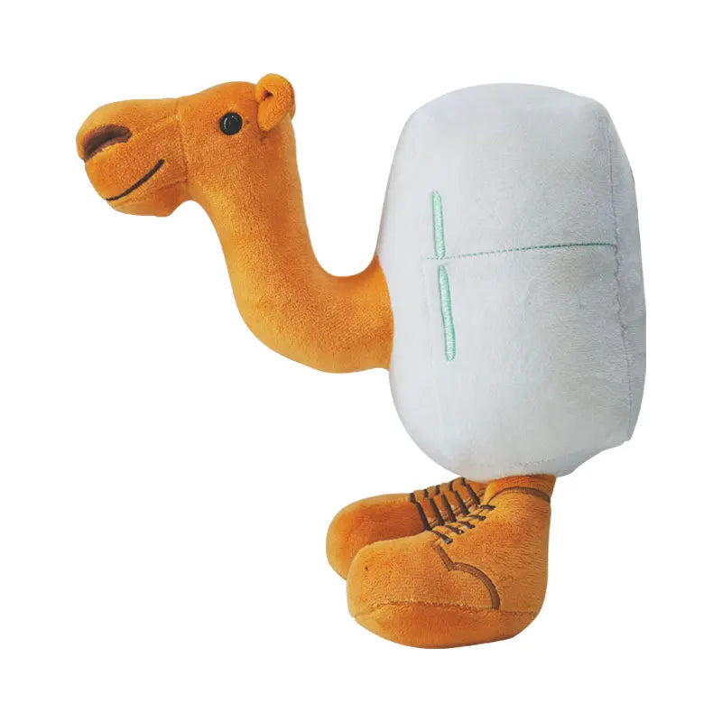 Plush camel toy with a white rectangular object on its back against a white background