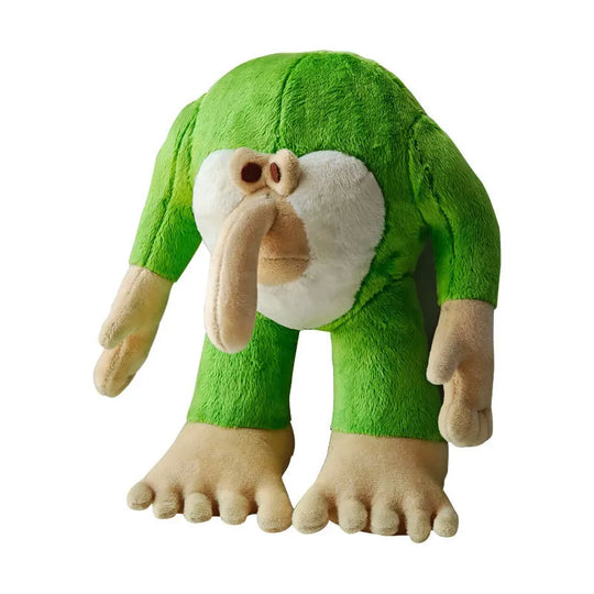 Green plush toy with a large white foot on a white background