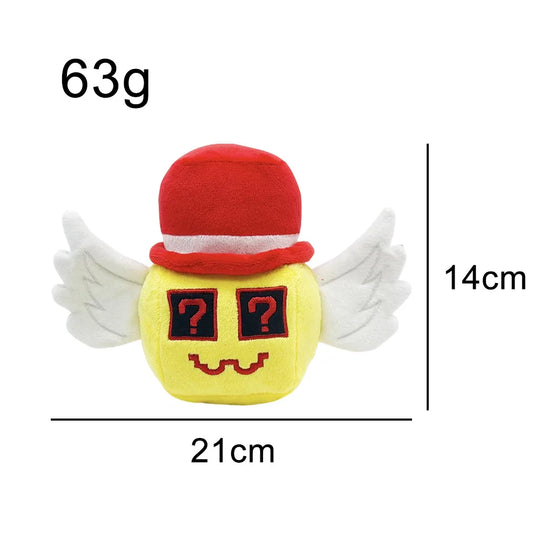 Plush toy with red hat, wings, and question marks on a white background with measurements.