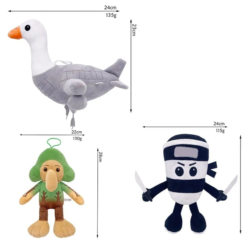 Three plush toys with measurements and weights on a white background