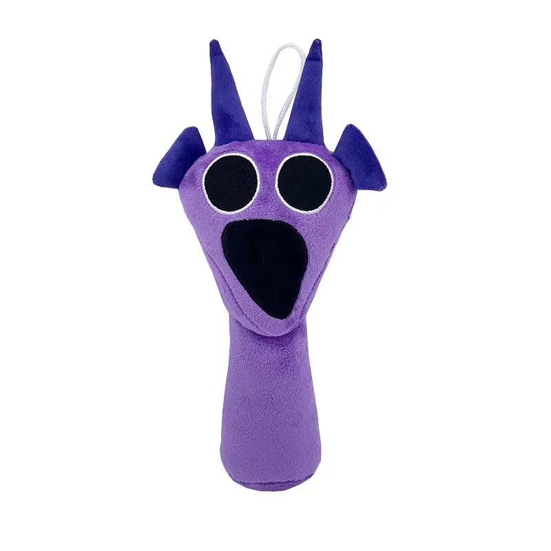 Purple plush toy with large eyes and a wide mouth on a white background