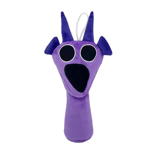 Purple plush toy with large eyes and a wide mouth on a white background