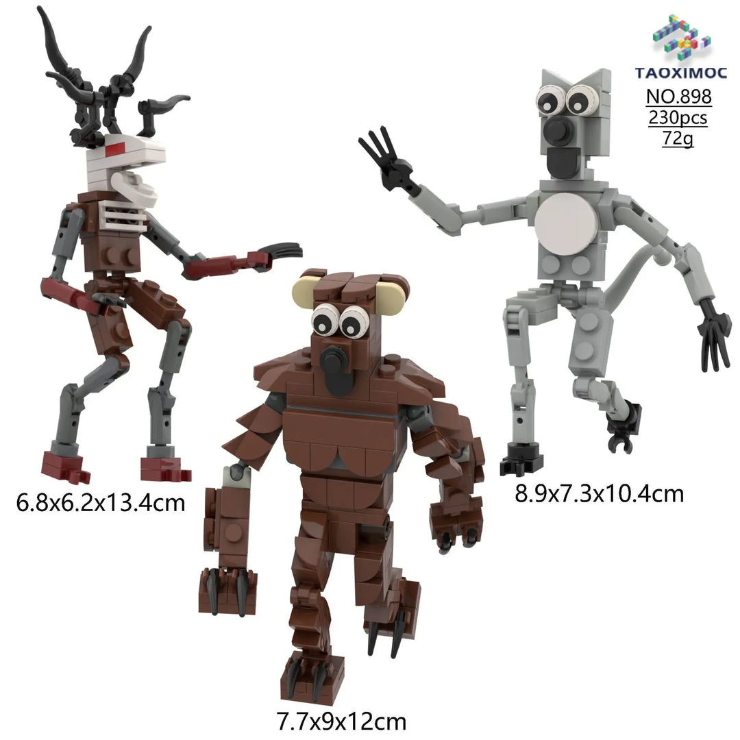 Three toy figures made of interlocking bricks on a white background with dimensions and weight information.