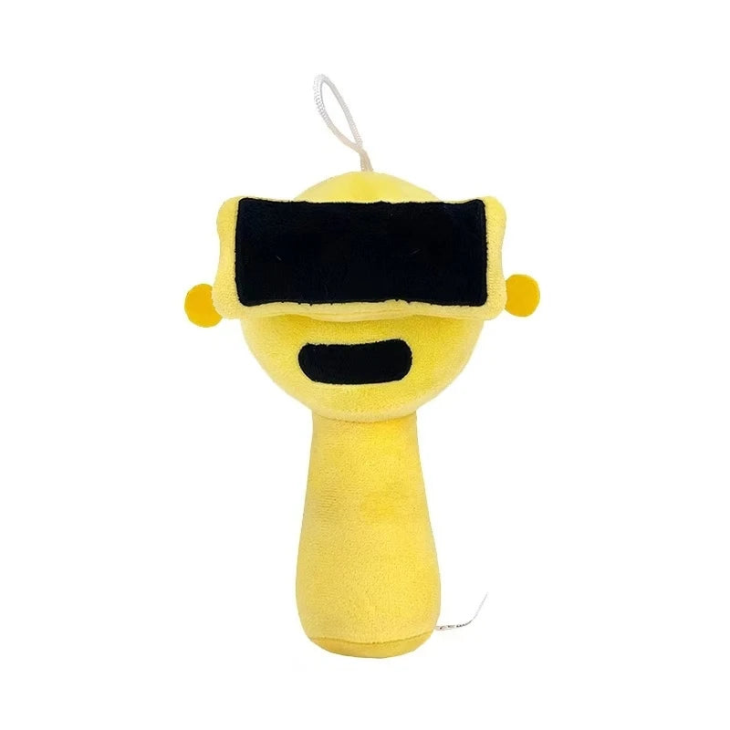 Yellow plush toy with black visor on a white background
