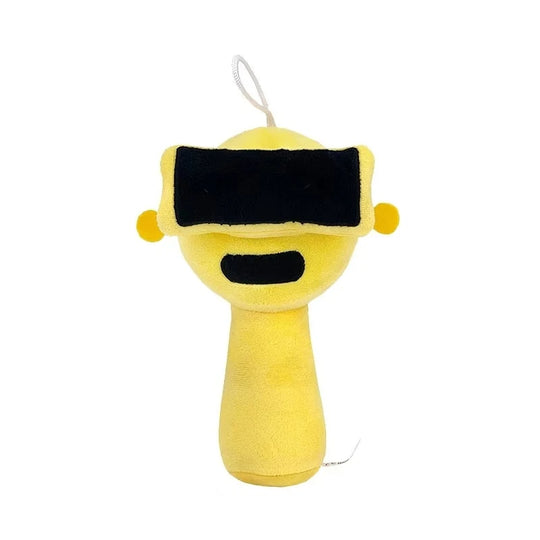Yellow plush toy with black visor on a white background