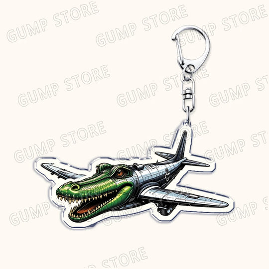 Keychain with a design of a green alligator inside an airplane on a white background.