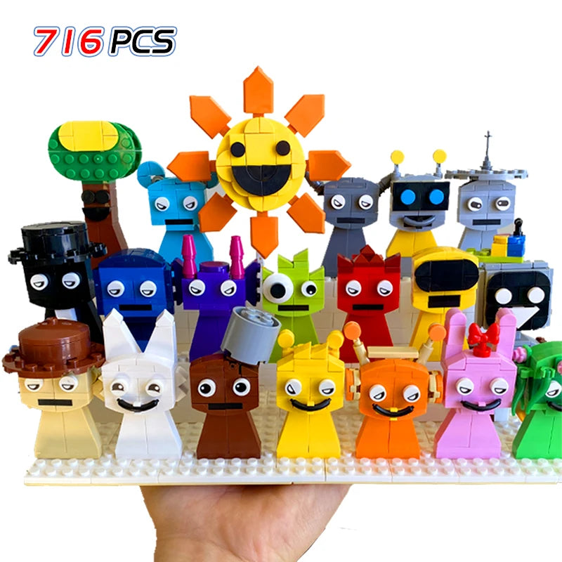 Collection of colorful toy figures on a white background with '716 PCS' text.