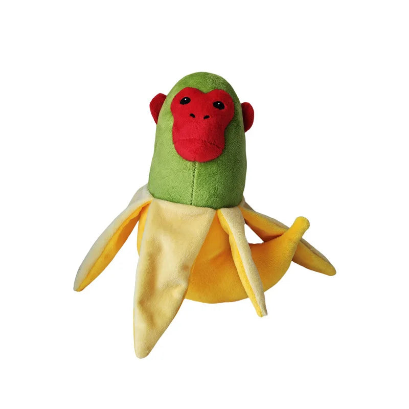 Plush toy shaped like a monkey in a banana peel on a white background