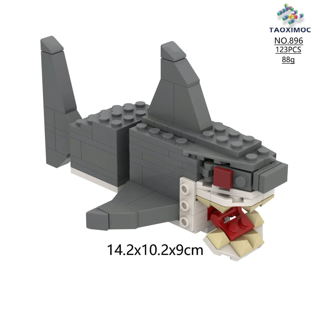 Shark-shaped building block set with dimensions and weight on a white background