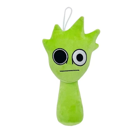 Green plush toy with large eyes on a white background