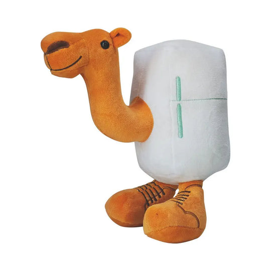 Plush camel toy with a white container on a white background