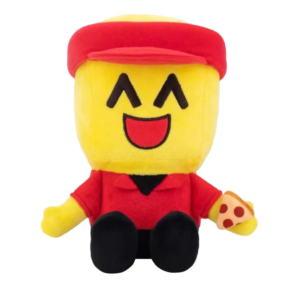 Plush toy with a smiling face, red outfit, and holding a slice of pizza on a white background