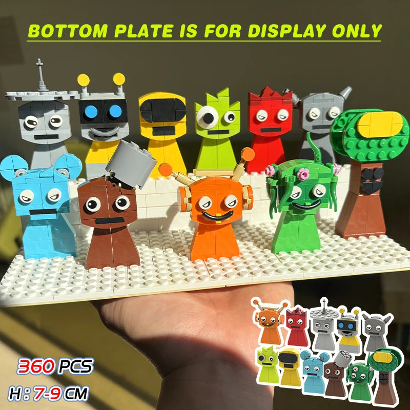 Set of colorful toy figures on a display base with text indicating bottom plate is for display only.