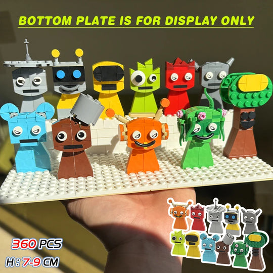 Set of colorful toy figures on a display base with text indicating bottom plate is for display only.