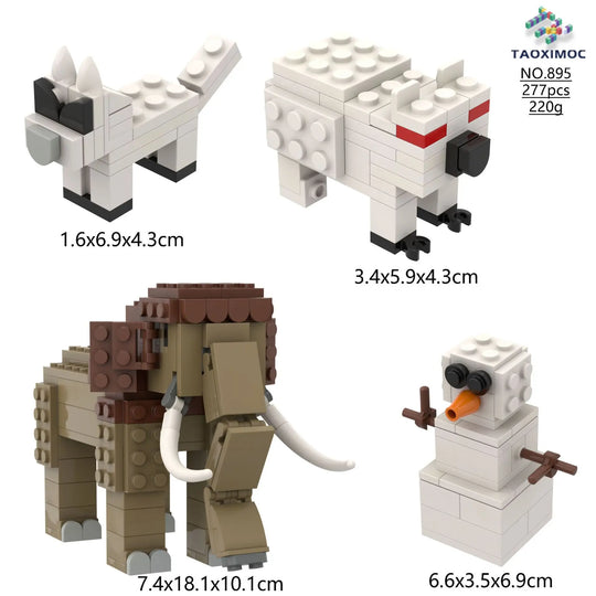 Set of building block models including a dog, bear, elephant, and snowman with dimensions and weight information.