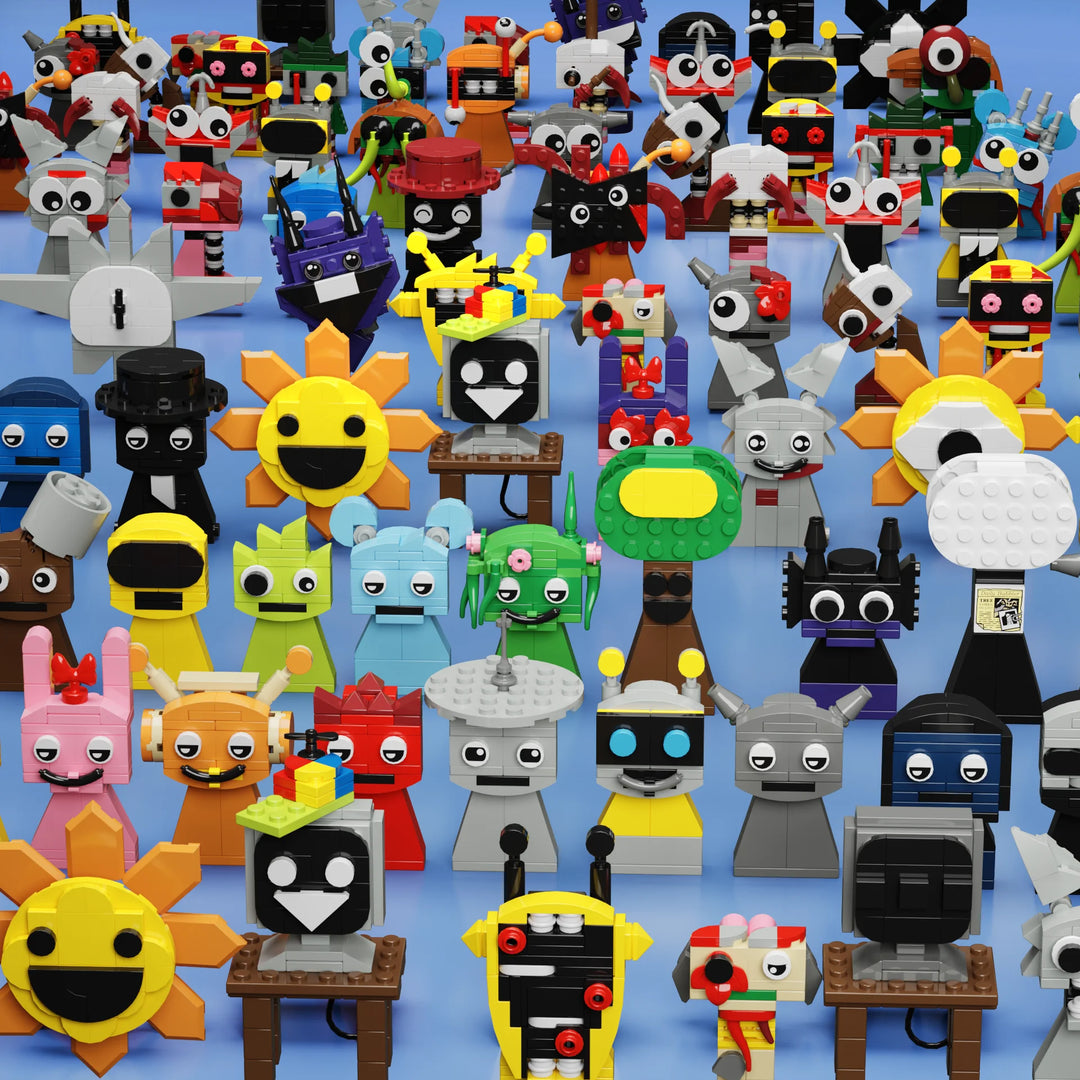 Collection of colorful toy figures on a blue background