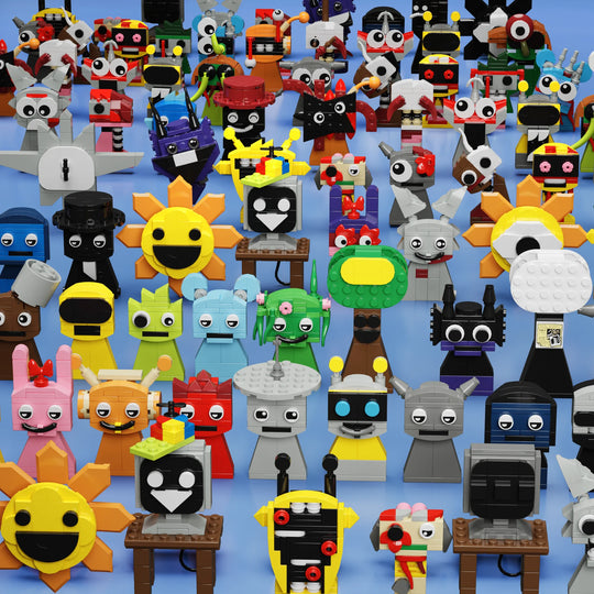 Collection of colorful toy figures on a blue background