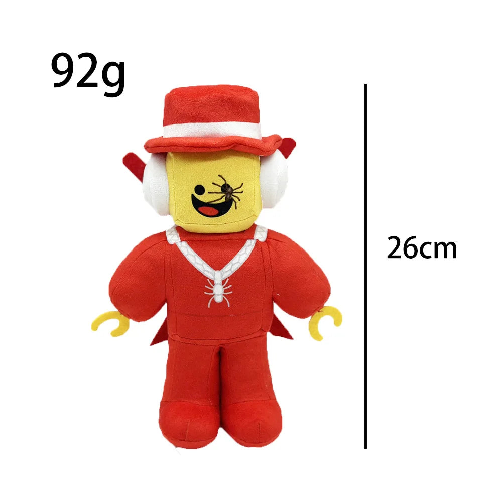 Red plush toy with yellow face, red hat, and white accents on a white background with measurements.