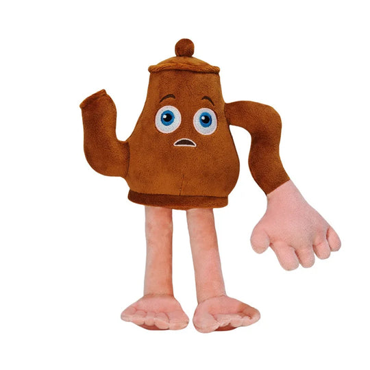 Plush toy resembling a cartoonish teapot with a sad expression on a white background