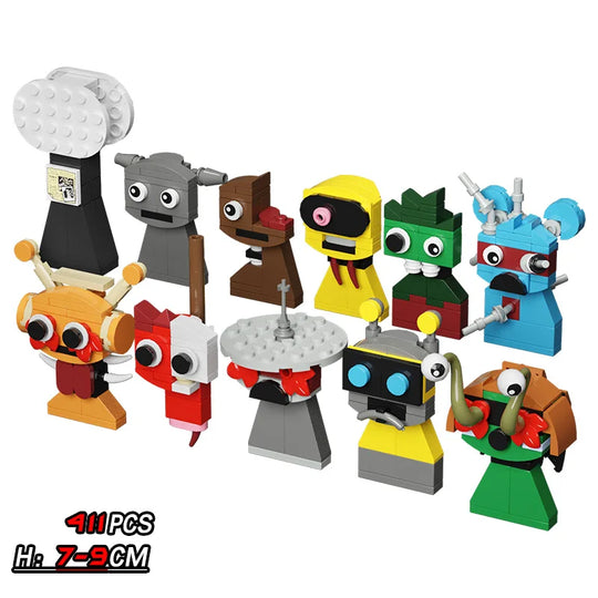 Set of colorful toy robots on a white background