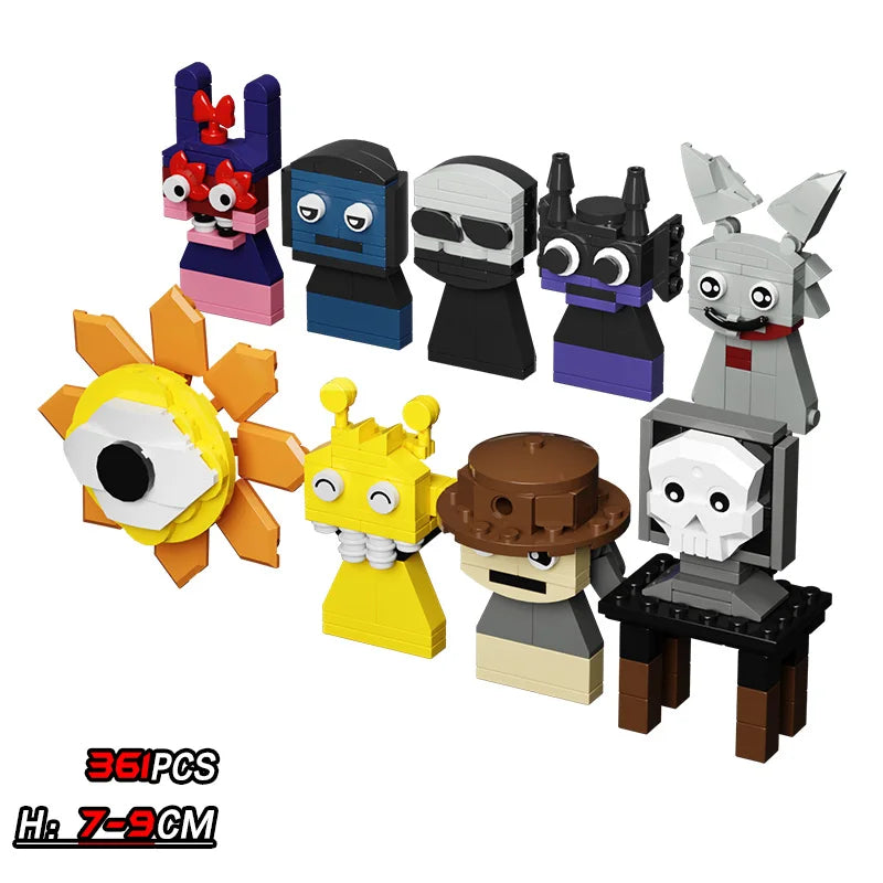 Set of colorful toy figures with various designs on a white background