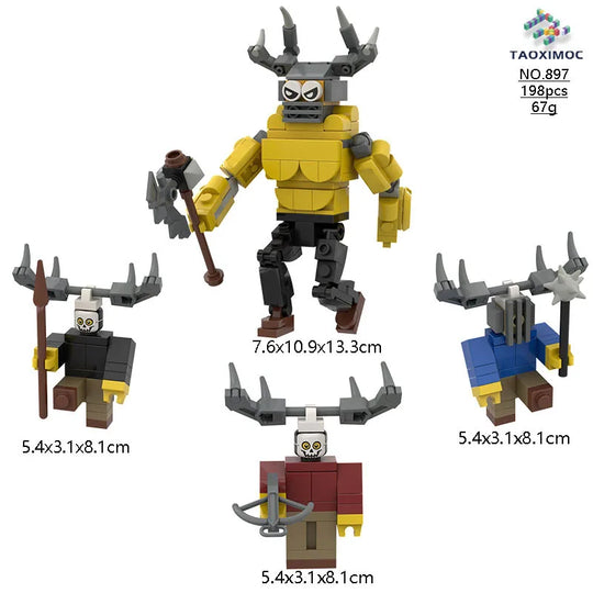 Toy figure set with accessories on a white background, featuring measurements and brand logo.