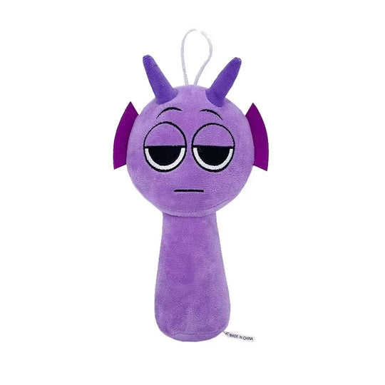 Purple plush toy with a sad expression on a white background