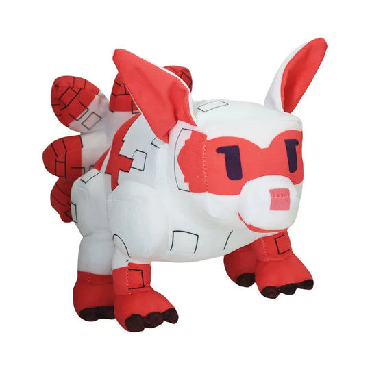Red and white plush toy on a white background