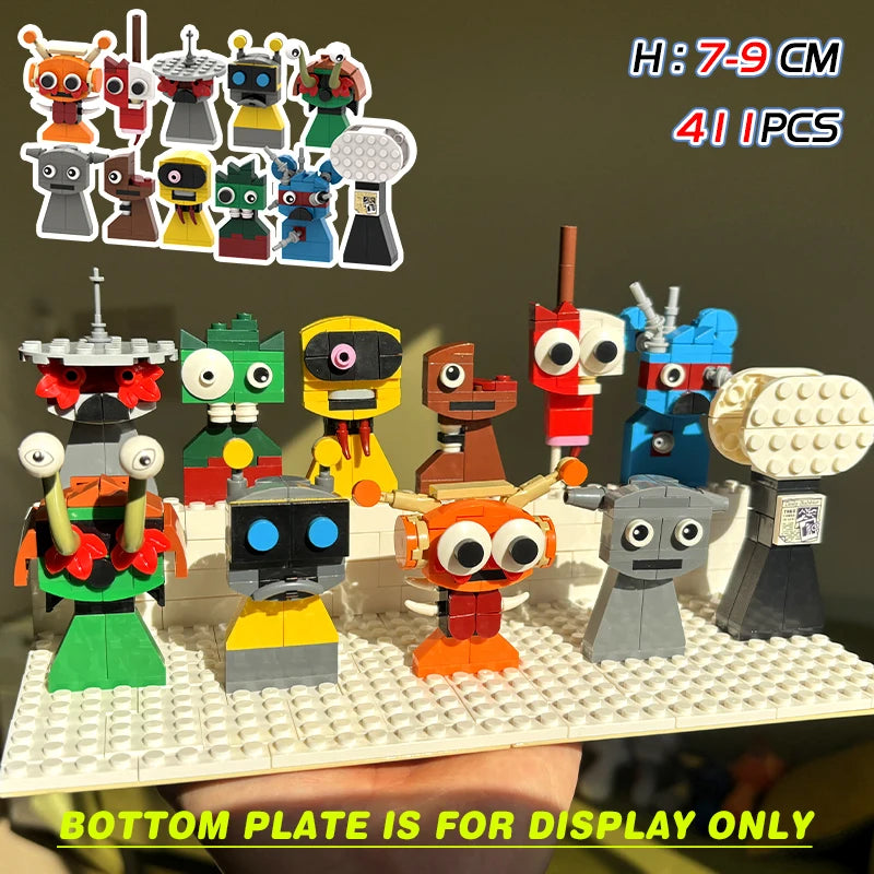 Collection of colorful toy figures on a display base with text indicating height and quantity.