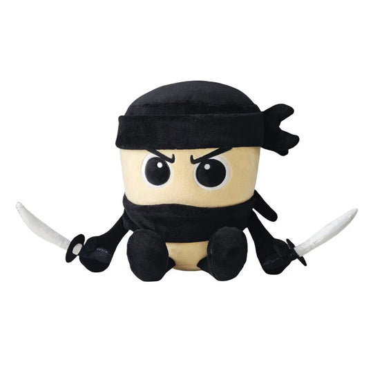 Plush toy resembling a ninja with a black headband and white sais on a white background