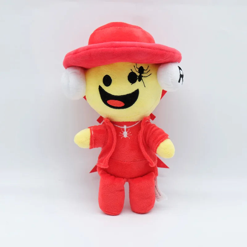 Plush toy with a yellow face, red hat, and outfit on a white background