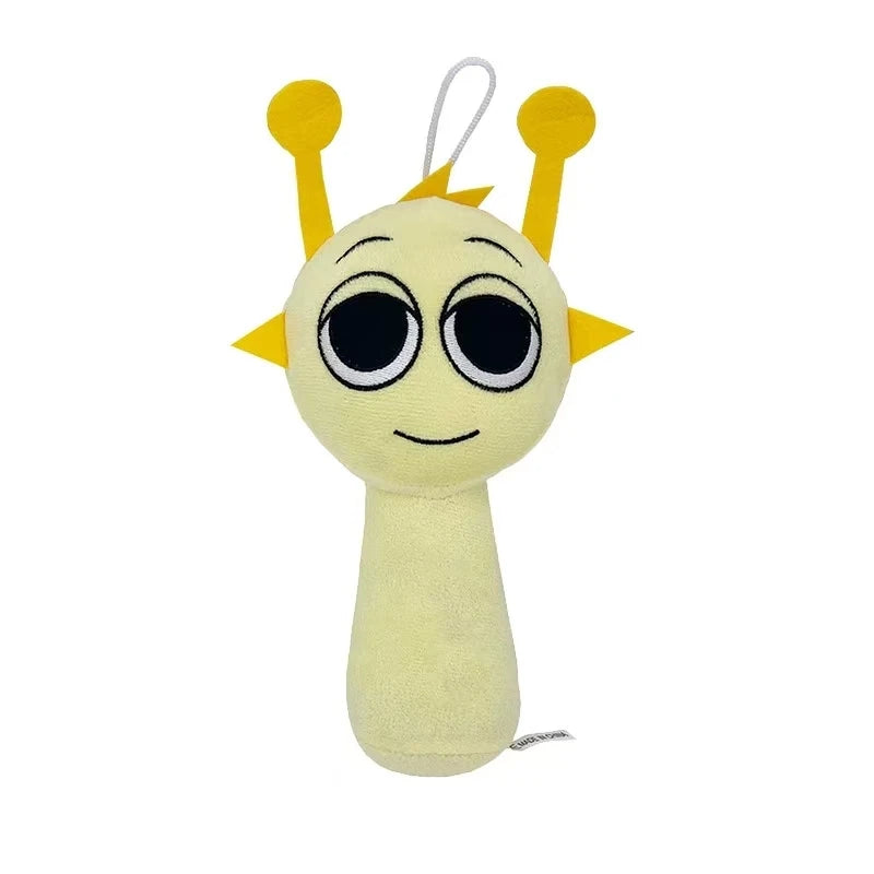 Plush toy with a face and yellow antennae on a white background