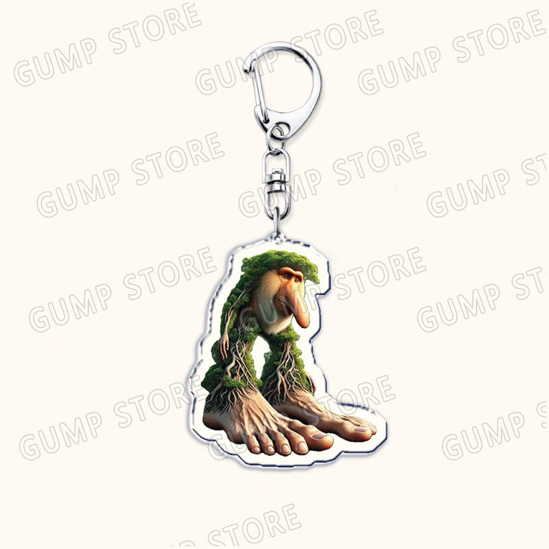 Keychain with a design of feet covered in moss on a white background
