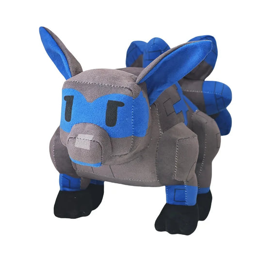 Plush toy with blue and gray design on a white background