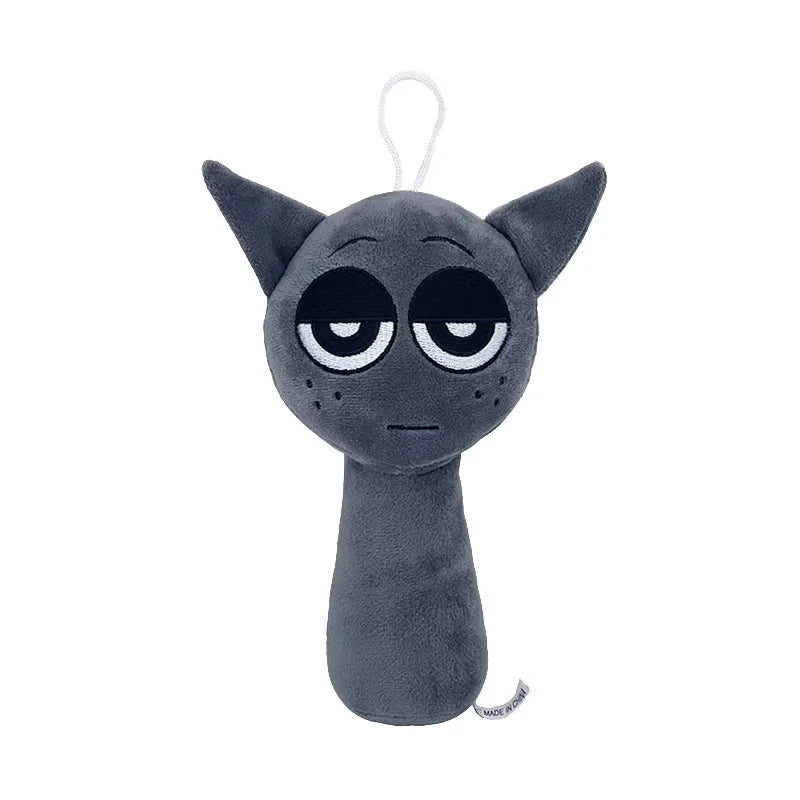 Gray plush toy with cat-like face and ears on a white background