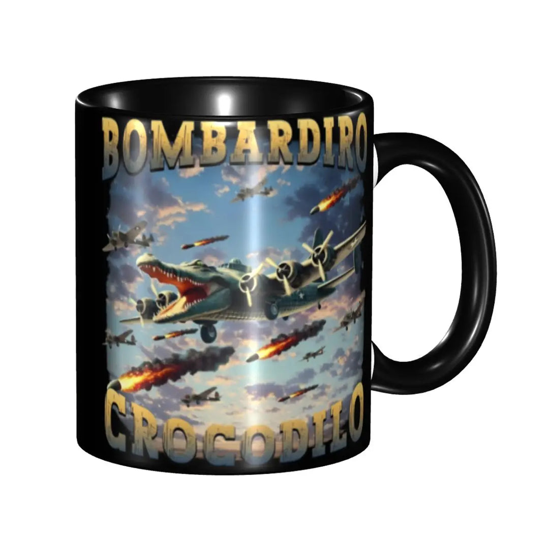 Black ceramic mug with the text ‘BOMBARDINO CROCODILO’ and a whimsical illustration of a crocodile merged with an airplane flying against a blue sky background.