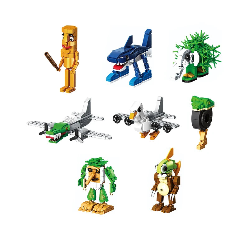 Set of toy figures and vehicles on a white background