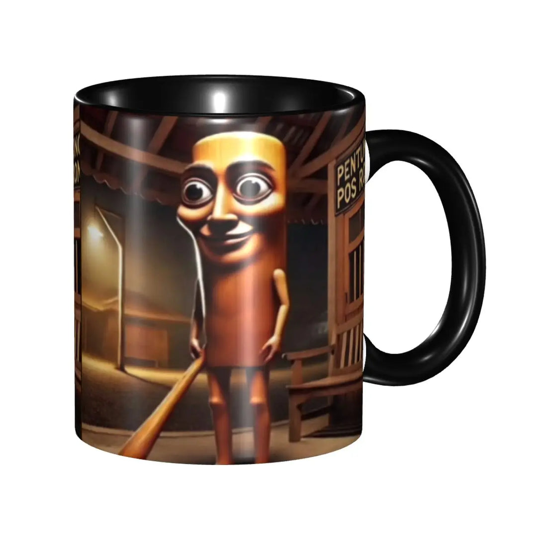 Black ceramic mug with a cartoon shown at a slightly rotated angle.