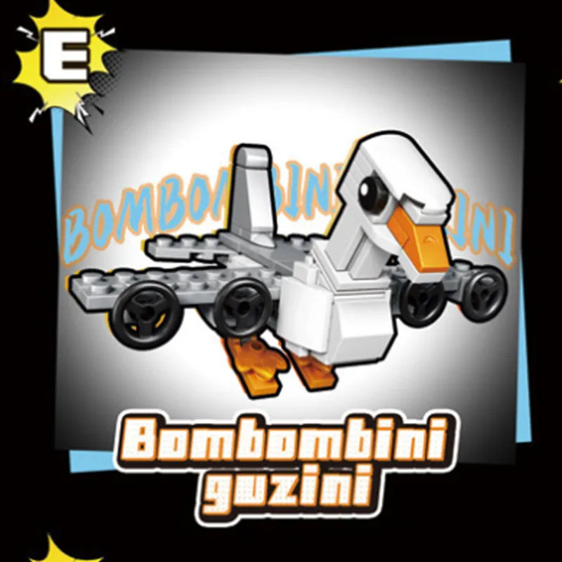 Toy figure resembling a duck with text 'Bombo Un Un' and 'Bombombini guzini' on a gray background.