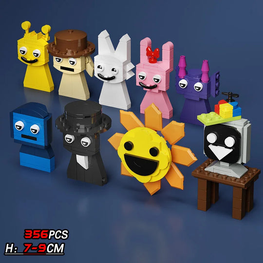 Set of colorful toy figures on a dark blue background