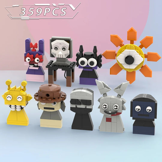 Set of colorful toy figures and a large eye-like object on a light blue background