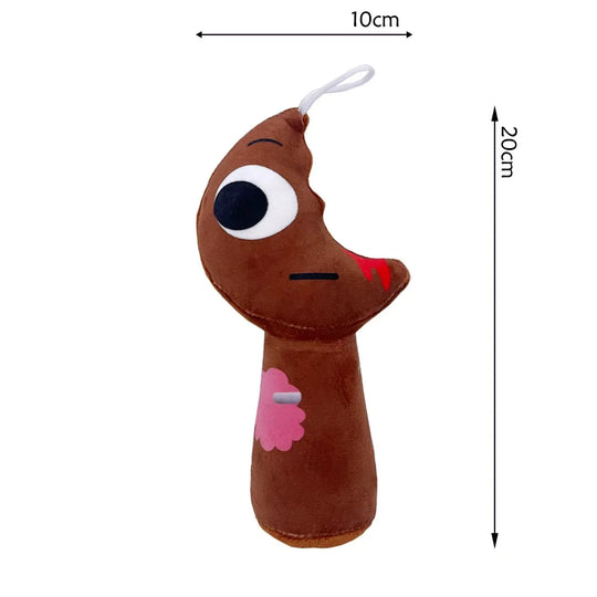 Plush toy shaped like a poop emoji with measurements on a white background