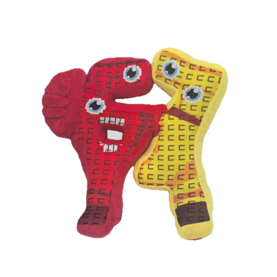 Red and yellow letter 'B' shaped toy with googly eyes on a white background